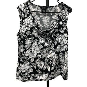 George Womens Black Floral Print Sleeveless Draped Neck Top Sz L
